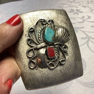 Navajo Roy Vandever  STYLE  STERLING  Turquoise Coral  BELT BUCKLE